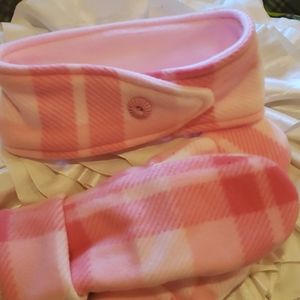 Pink buffalo plaid fleece mittens and headband set